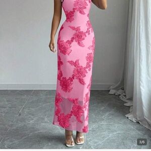 SHEIN Pink Floral Lace Maxi Dress
